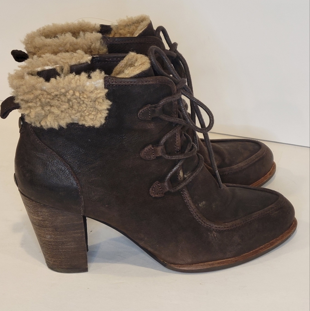 Ugg Analise Brown Leather Lace Up Heeled Boots 8.5